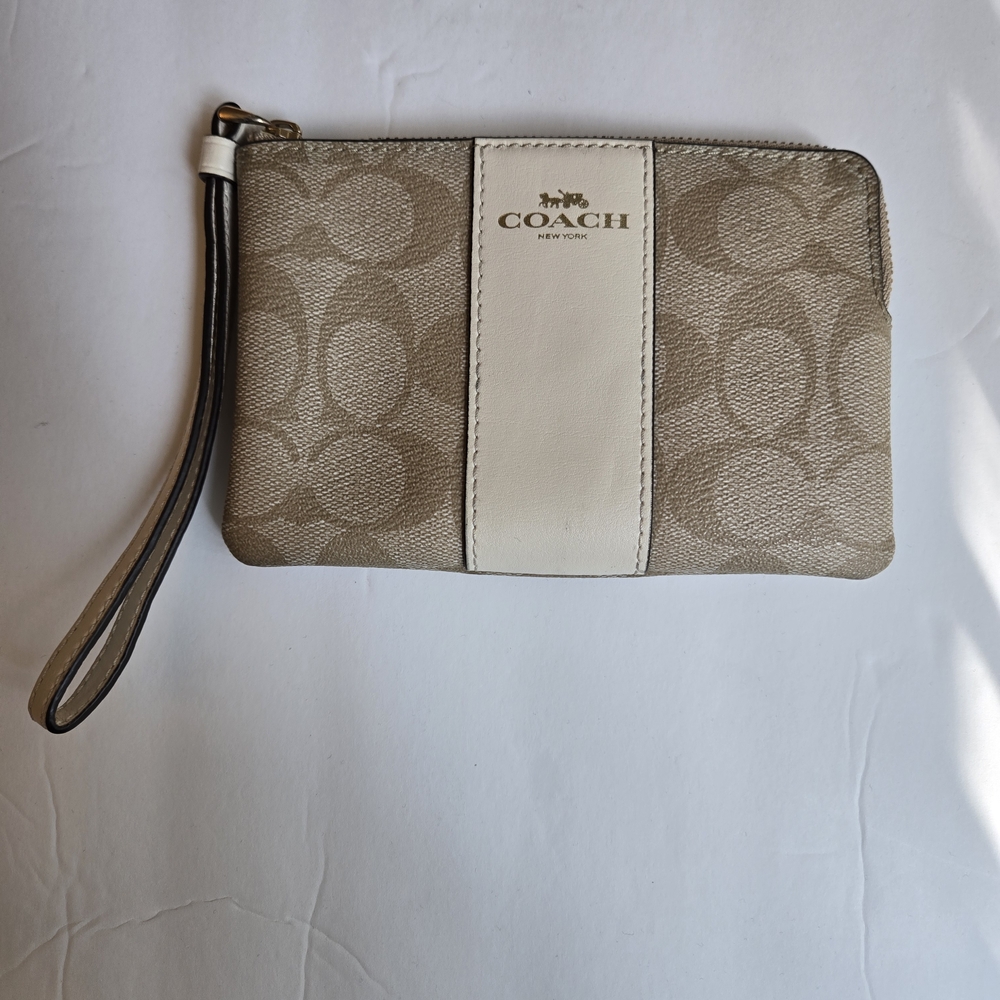 Coach Signature Canvas Wristlet in Beige and White